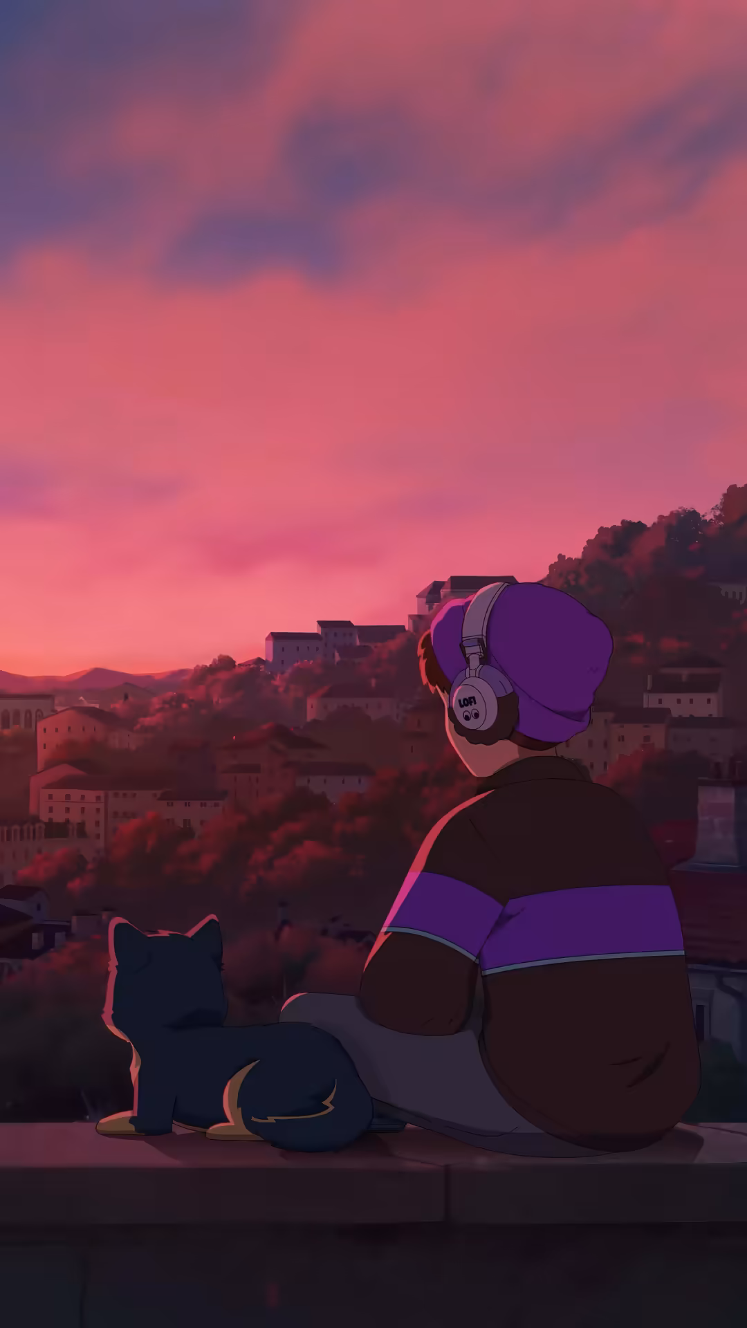 Anime girl in purple jacket with headphones and black cat sitting on rooftop overlooking pink and purple sunset cityscape wit