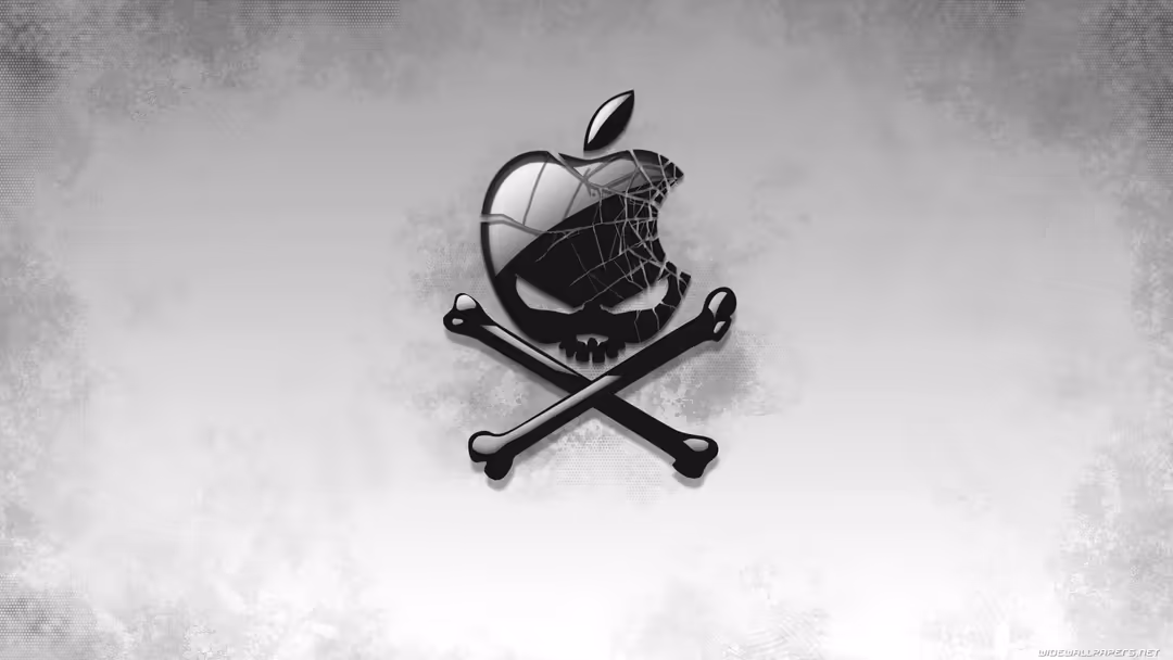 Monochrome illustration of an apple logo with skull and crossbones design on a textured gray background, blending tech and pi