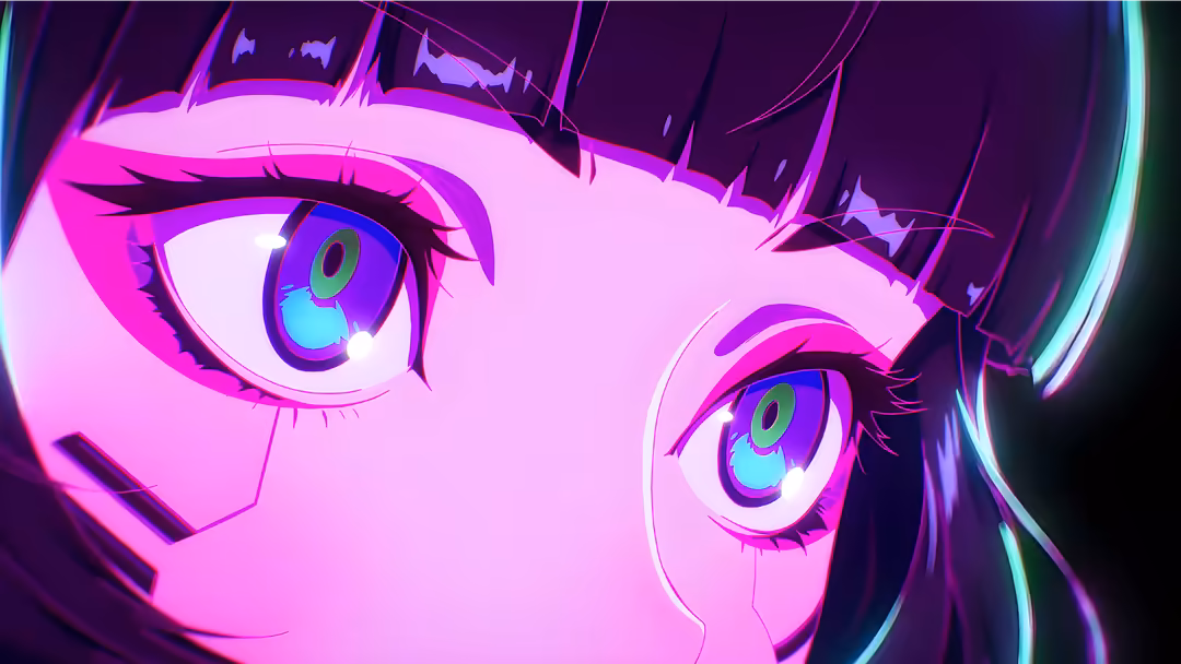Vibrant neon pink anime character face with glowing cyan and magenta eyes, featuring cyberpunk aesthetic with purple hair and
