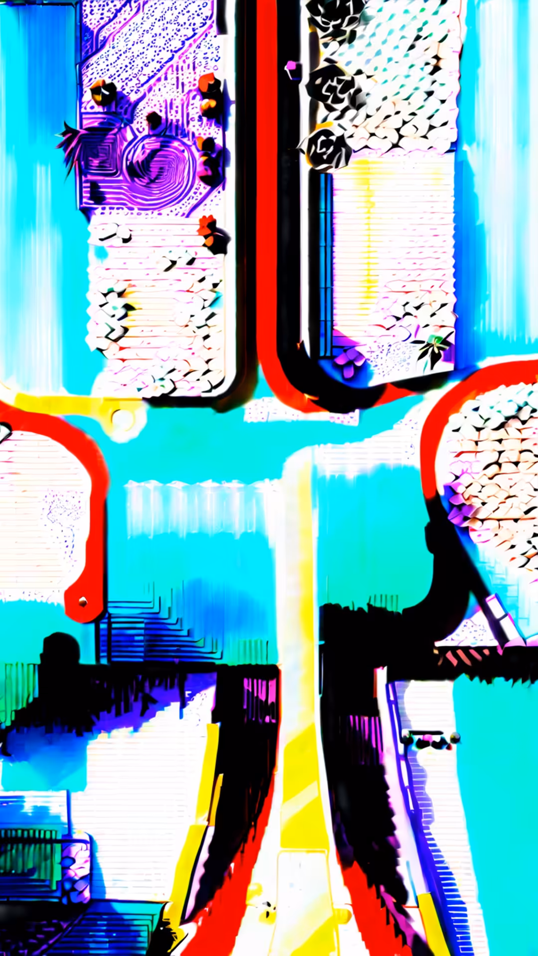 Vibrant aerial view with neon red curves, cyan background, black geometric shapes, and digital glitch effects creating an abs