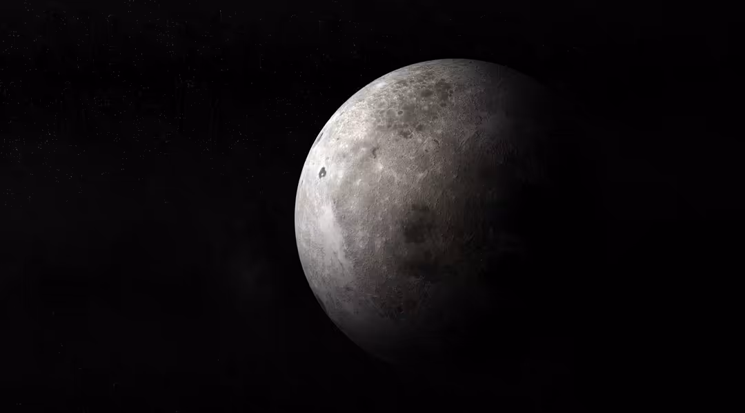 Detailed lunar surface illuminated against a starry black sky, showing craters and moon terrain in grayscale