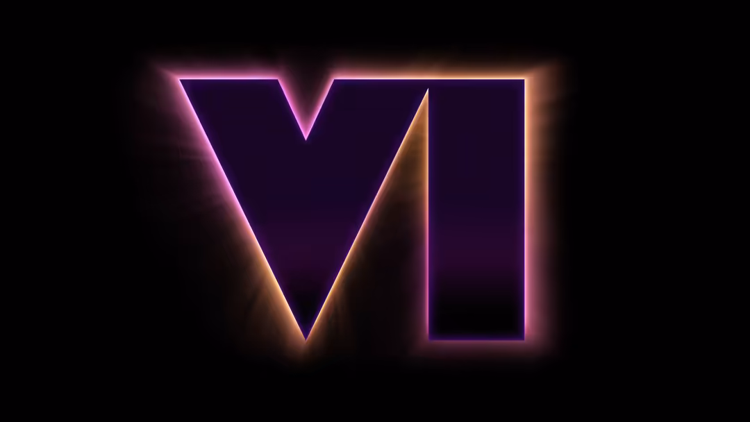Glowing neon VI letters with purple and orange gradient glow on dark background, minimalist gaming aesthetic design