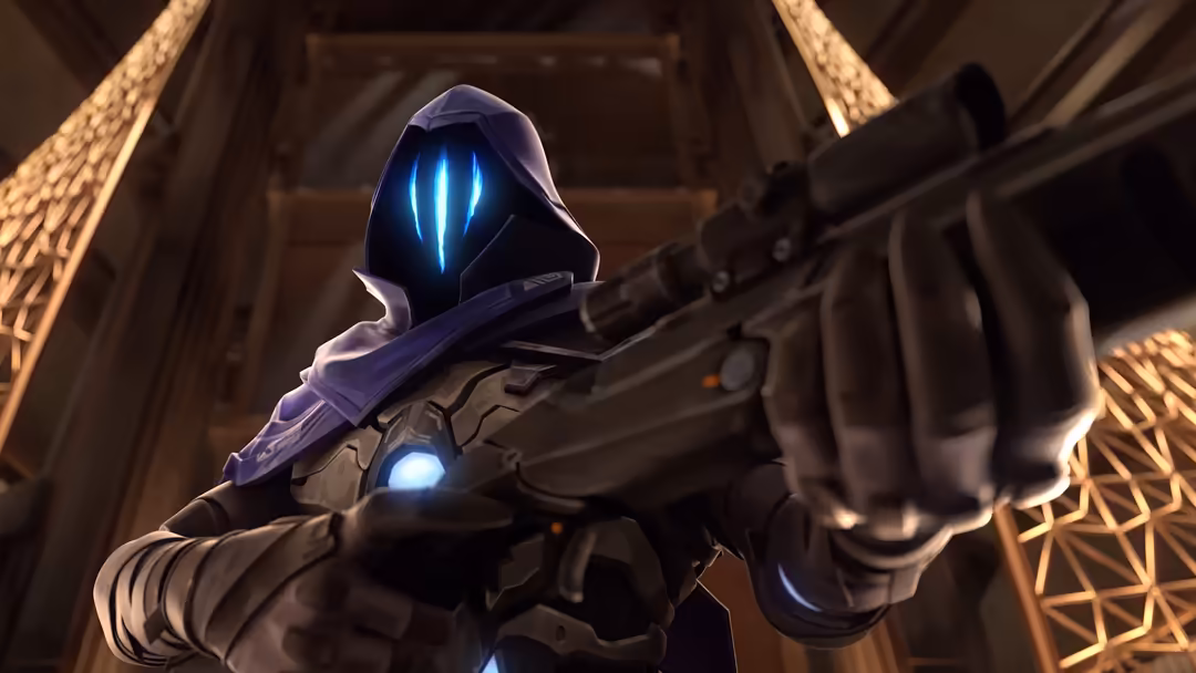 Hooded tactical character with glowing blue eyes and futuristic armor holding a weapon in an industrial sci-fi setting