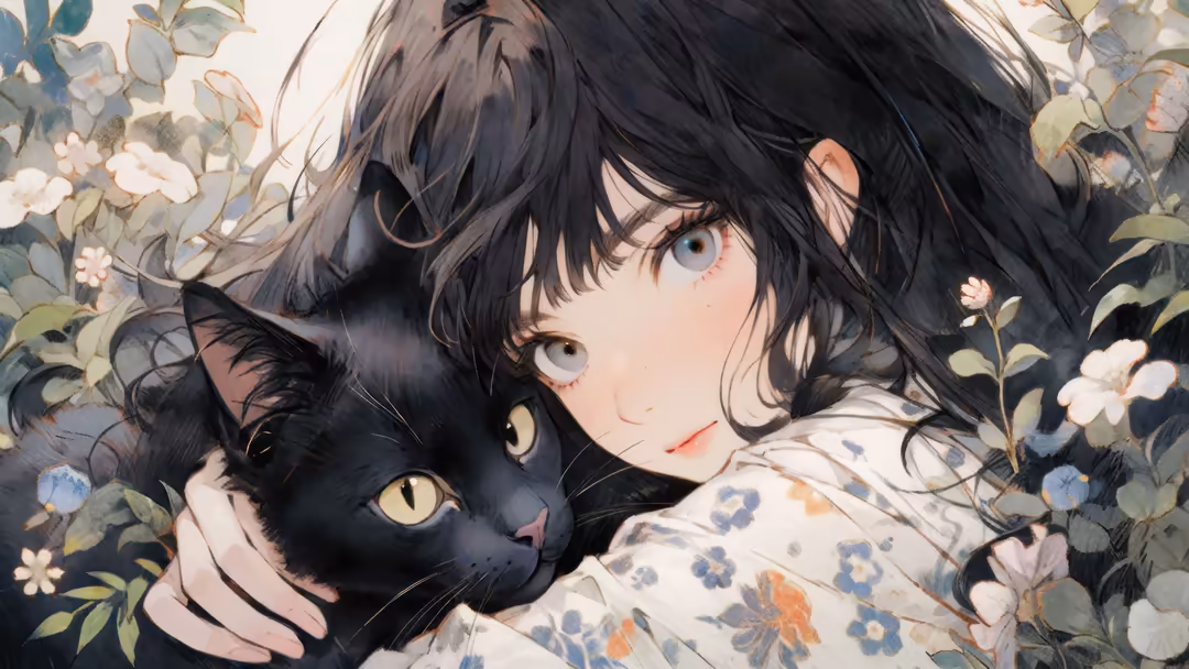 Anime girl with black hair embracing a black cat surrounded by white flowers and soft natural lighting in a serene garden set