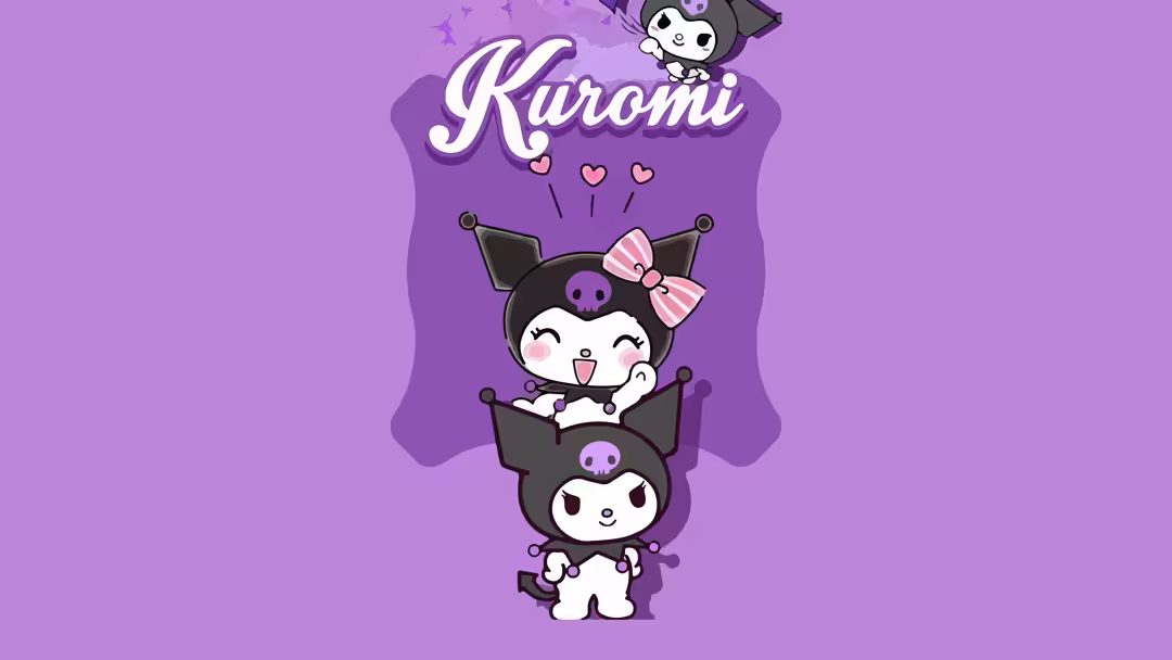 Cute kawaii characters with black ears and pink bows stacked vertically against a soft purple background with floating hearts