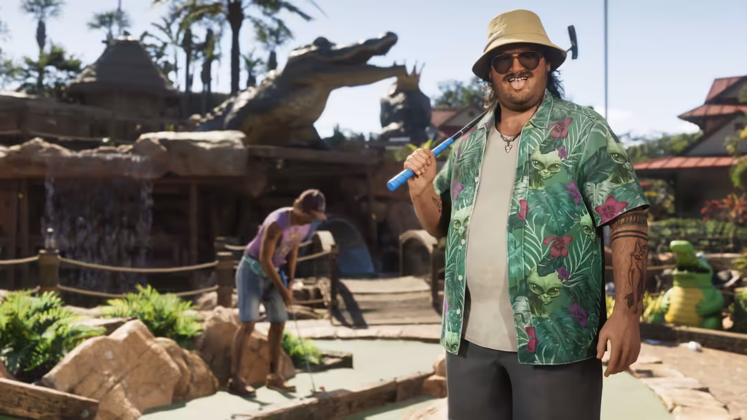 Man in tropical shirt holding baseball bat at vibrant beachside resort with dragon statues and palm trees in sunny vacation s