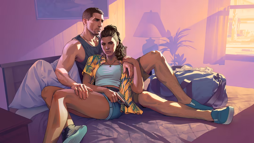 Two characters relaxing indoors bathed in purple and golden neon light from a sunset, with tropical plants and shadows castin