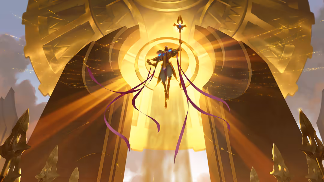 Golden divine warrior Azir ascending with magical staff, surrounded by glowing celestial architecture and purple energy ribbo