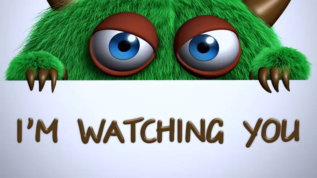 Adorable bright green fluffy creature with large blue eyes and brown claws peeking over white banner saying I'm watching you
