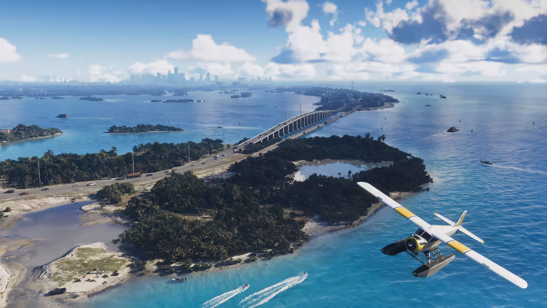 Seaplane flying over tropical islands with bridges and distant cityscape under blue sky with white clouds