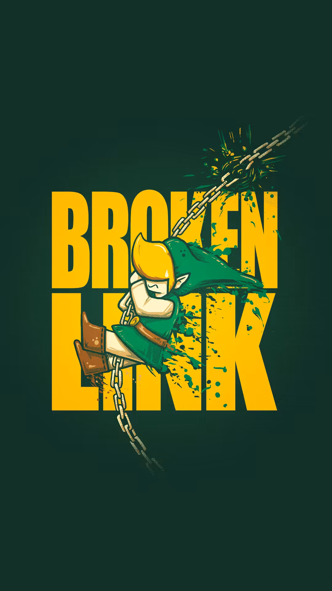 Bold yellow 'Breaking Bad' text with illustrated character in green jacket breaking chains against dark green background