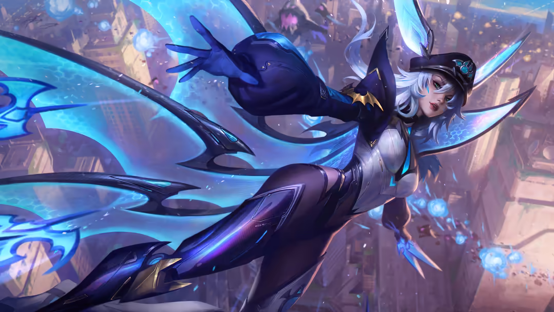 Animated fantasy warrior with white hair and blue magical energy, wielding black feathered weapons in a futuristic purple cit