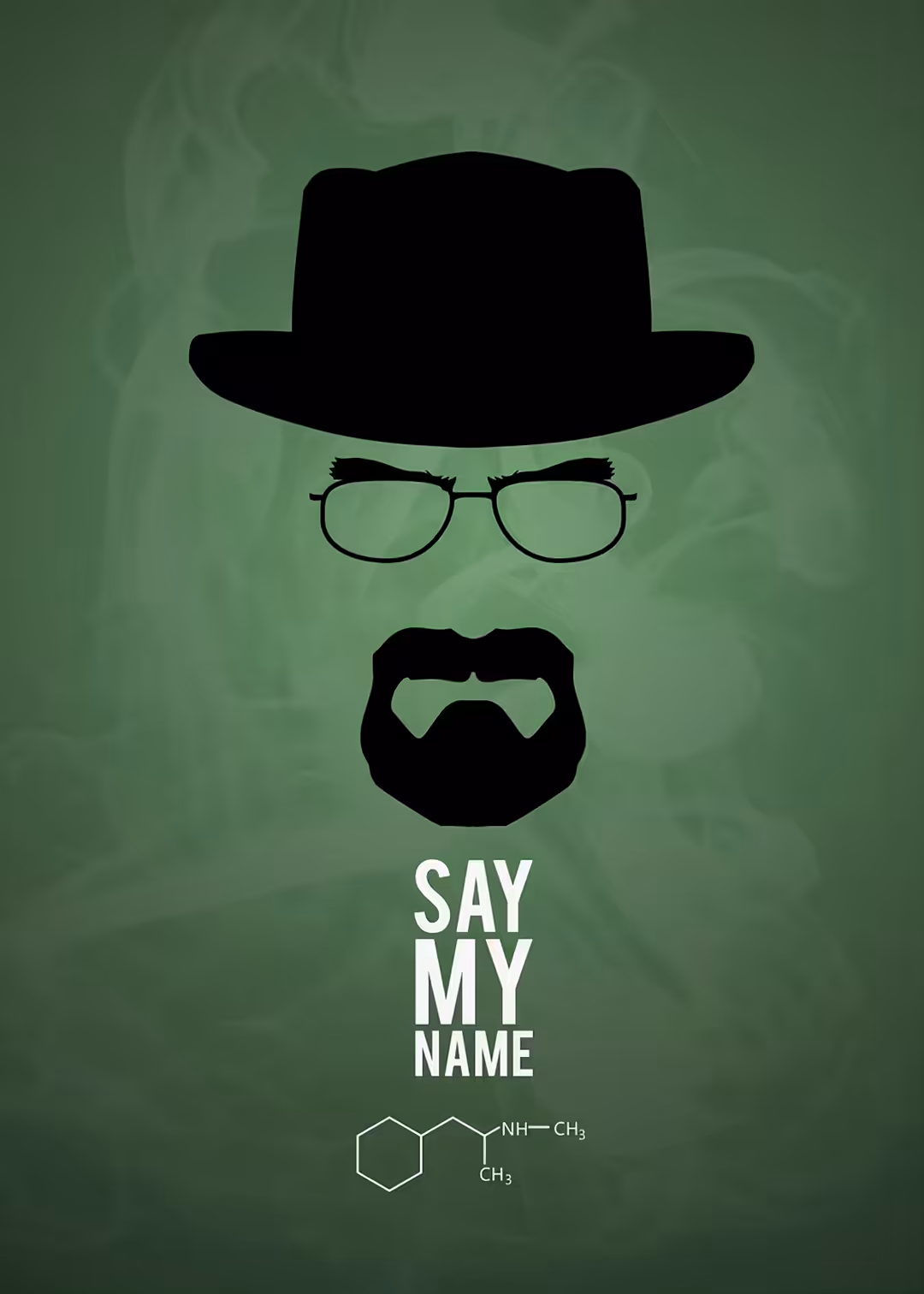 Minimalist silhouette illustration featuring a black fedora, glasses, and beard with 'Say My Name' text and chemical formula