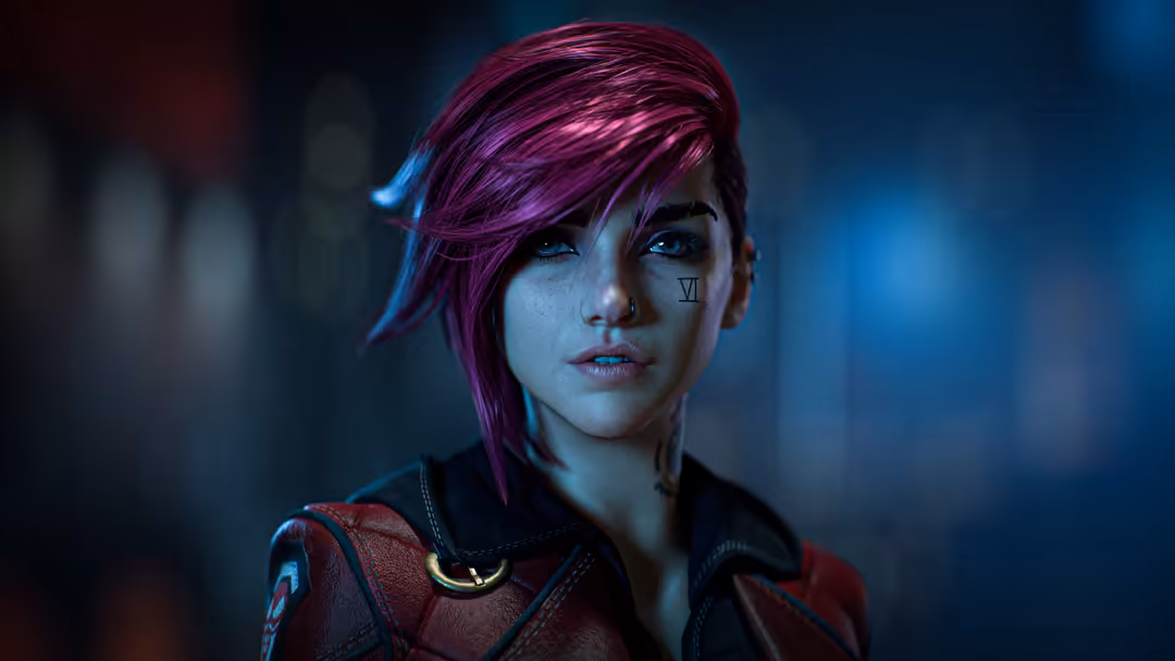 Vi from League of Legends with vibrant magenta hair and blue eyes, wearing red jacket against dark blue neon-lit background