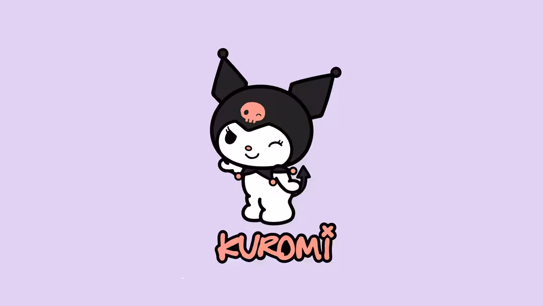 Cute kawaii character with black ears and white face wearing pink bow tie smiling on soft lavender background