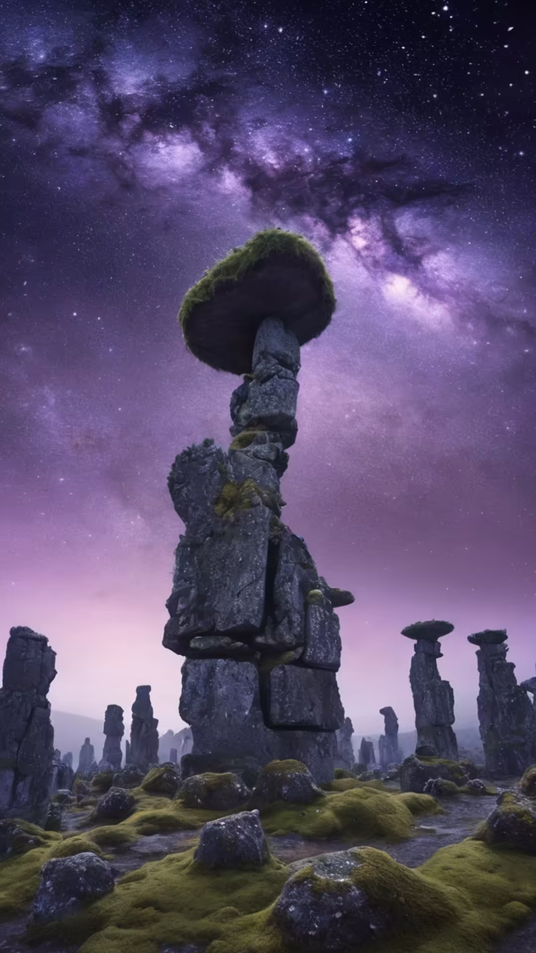 Towering moss-covered rock formations silhouetted against a vibrant purple starry sky with the Milky Way galaxy visible overh