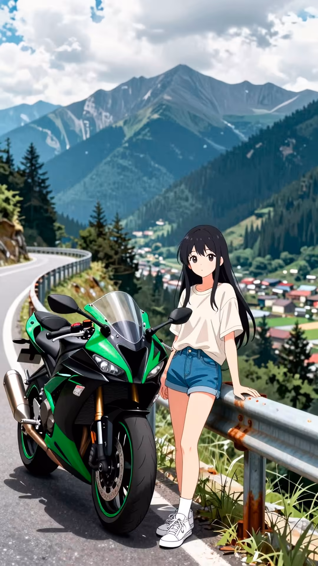 Anime girl standing beside a green and black motorcycle on a mountain road overlooking a valley with alpine village and fores