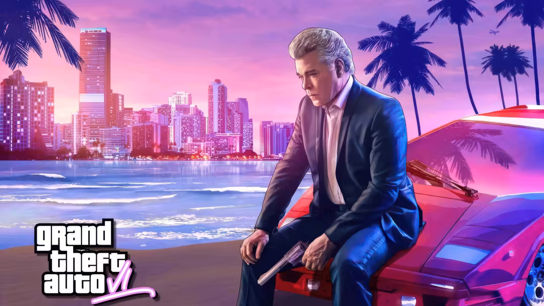 Stylish man in suit sitting on pink sports car on neon-lit beach with futuristic city skyline and palm trees at sunset