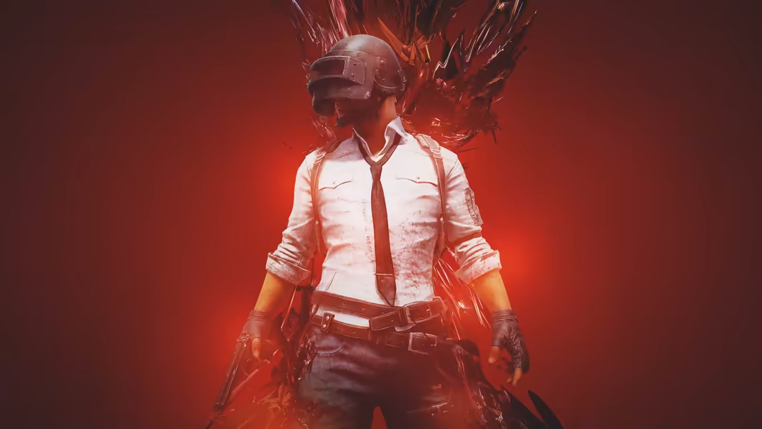 “PUBG warrior in white shirt, black tie, and helmet surrounded by red lighting effects, HD battle royale wallpaper.”
