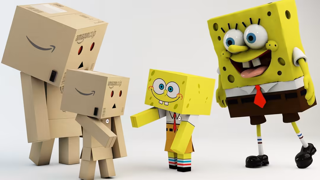 Cheerful yellow cartoon characters with expressive faces, including a smiling sponge-like character with a tie and cardboard
