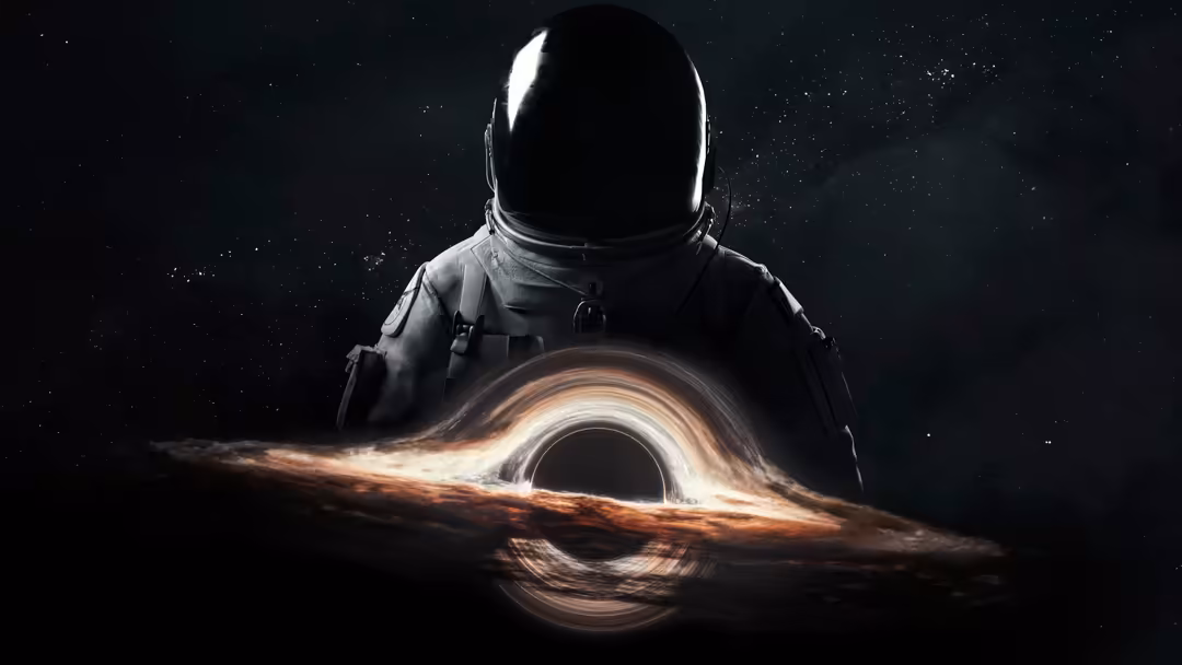 Astronaut in spacesuit gazing at a luminous black hole with swirling orange and white accretion disk against starry darkness