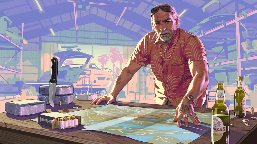 Stylized portrait of a tattooed man in a magenta patterned shirt at a neon-lit warehouse with boats and palm trees visible th