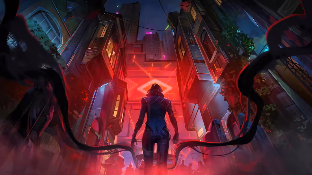 Valorant agent Fade descends through neon red-lit cyberpunk cityscape with glowing architecture and atmospheric haze