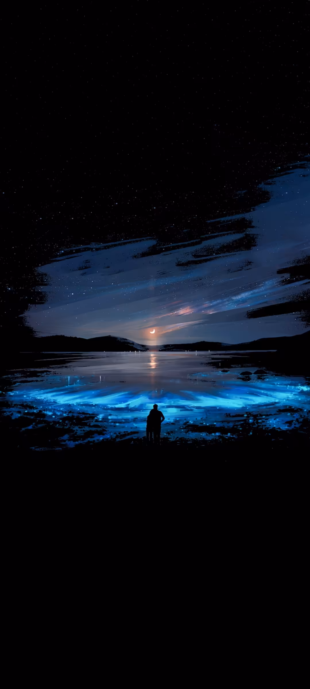 Solitary figure standing before glowing bioluminescent waters under dramatic twilight sky with stars and dark clouds above