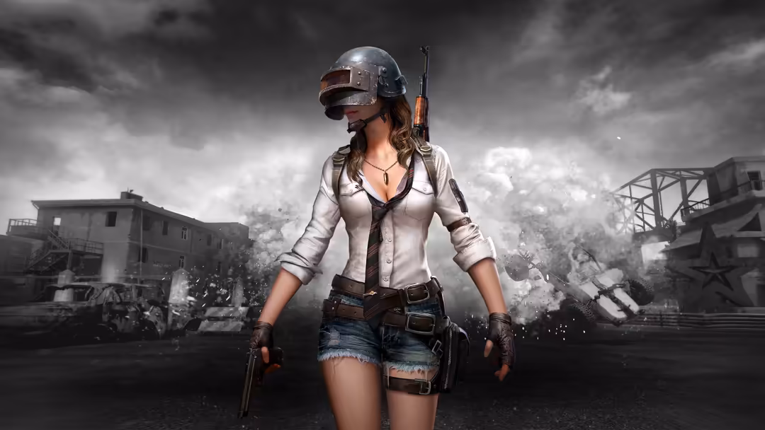 Armed female character in tactical gear with helmet and rifle standing in war-torn urban environment with dramatic stormy sky