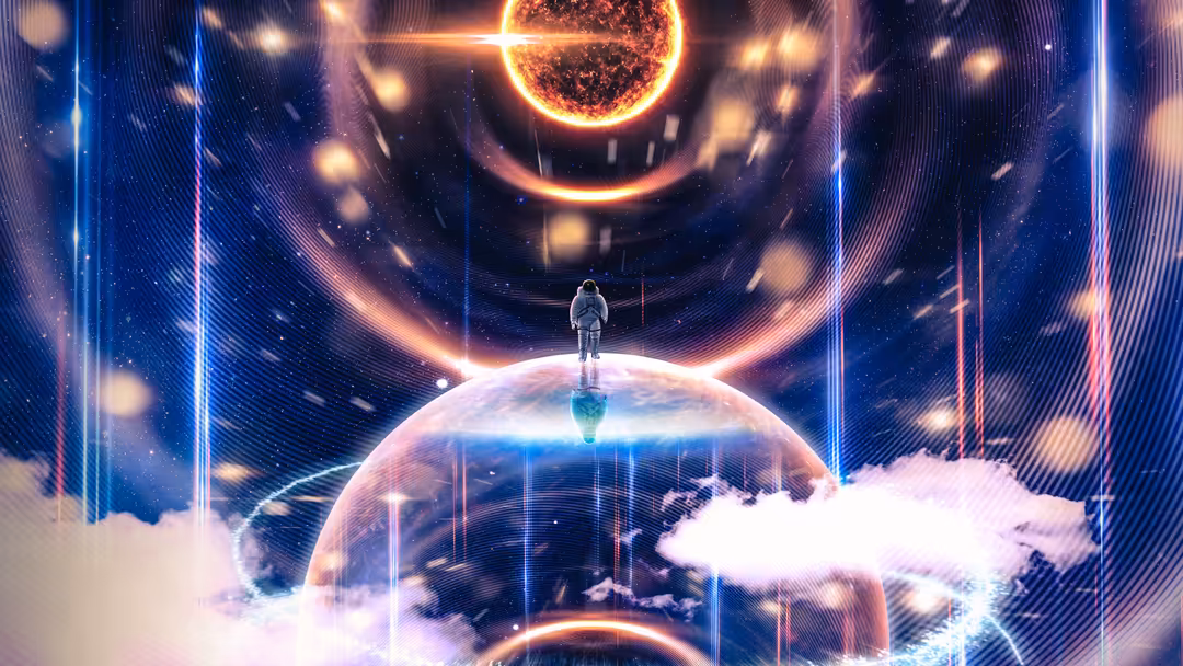 Lone astronaut standing on a glowing planet with a massive burning sun above, surrounded by neon light beams and clouds in sp