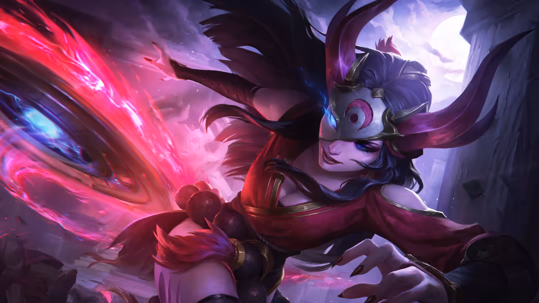 Ethereal character with flowing dark hair and mask, wielding neon pink magical energy against purple moonlit backdrop