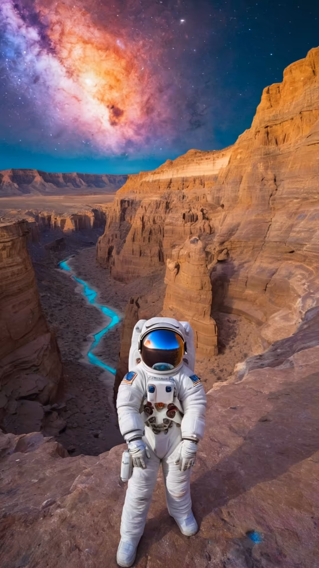 Astronaut in white spacesuit standing in vast desert canyon with glowing turquoise river, vibrant nebula and galaxy in twilig