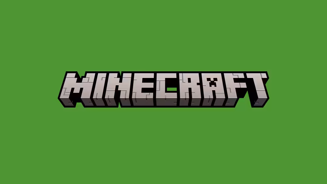Minecraft logo with 3D stone texture effect displayed on a bright green background