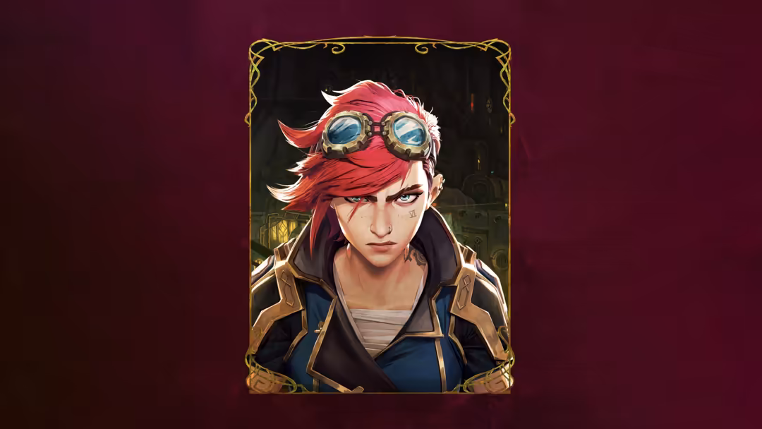 Animated character Vi from Arcane with vibrant red hair and brass goggles, wearing a blue and gold jacket against a deep burg