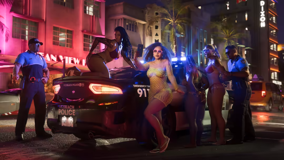 Neon-lit urban street scene with police car and figures under pink and blue glowing building lights at night