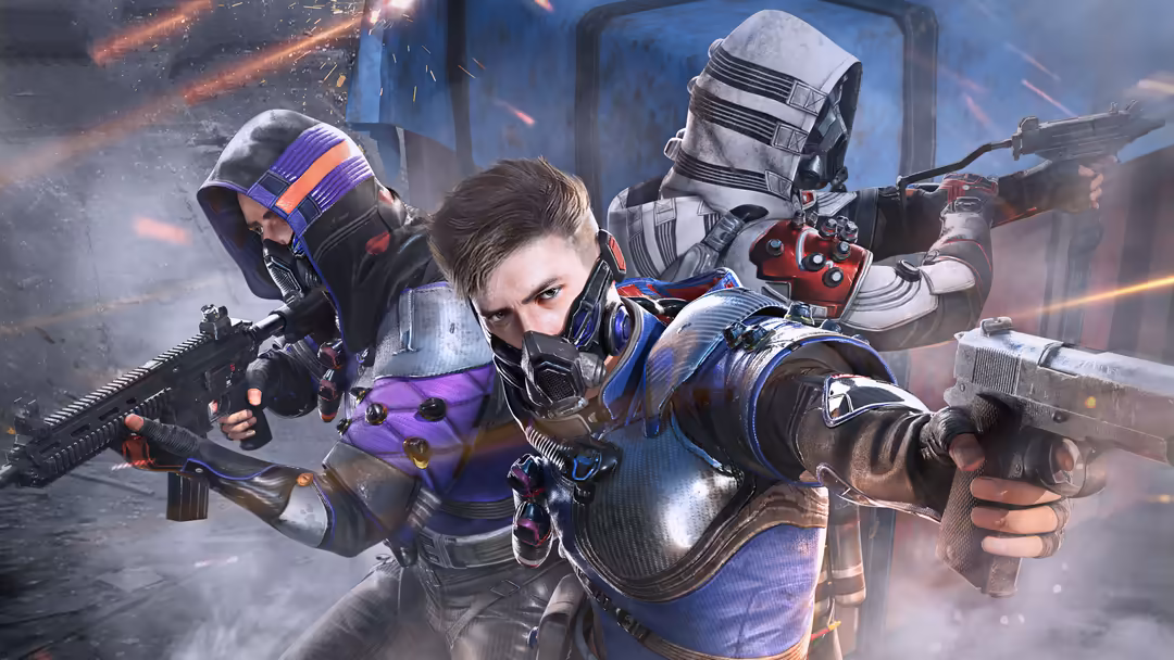Three armed tactical operators in high-tech gear wielding weapons, set in a futuristic urban combat environment with explosio