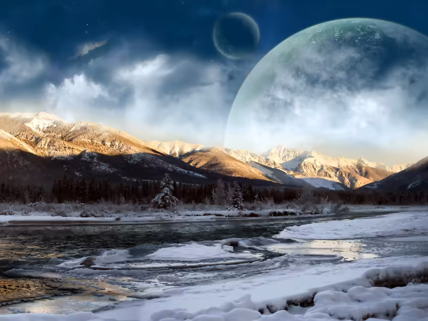 Snowy Mountains With Twin Planets