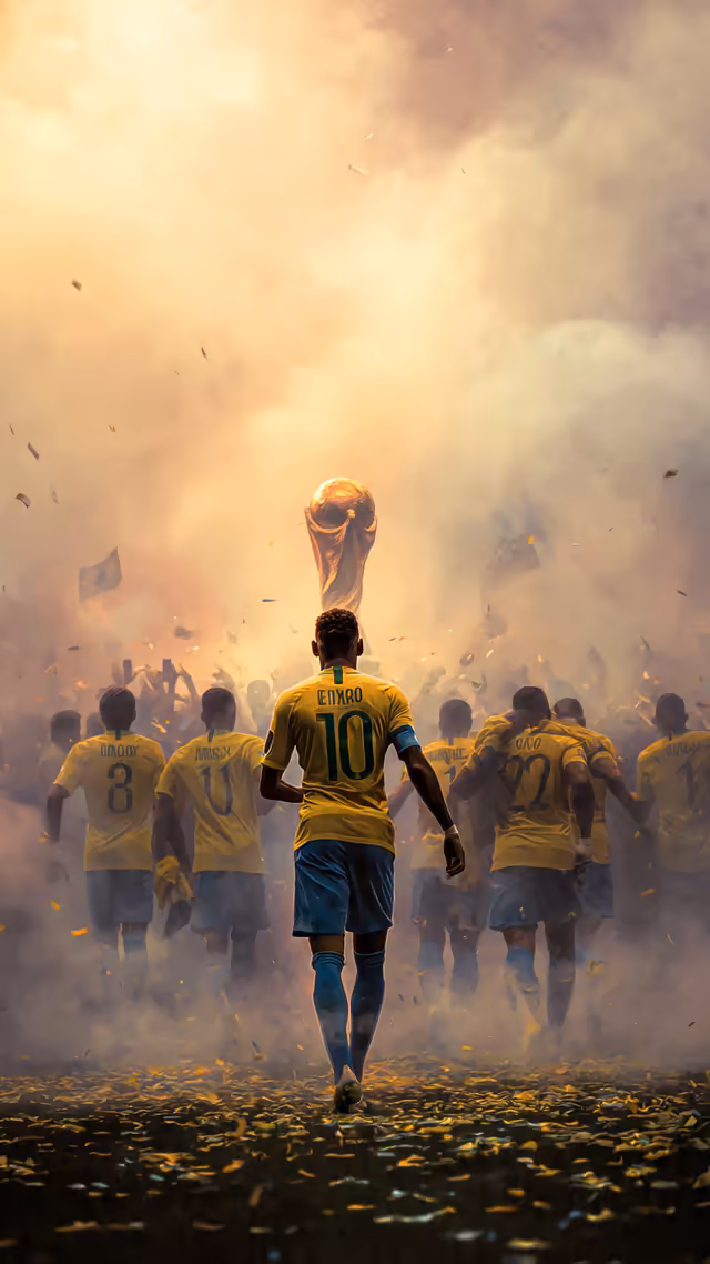 Soccer player in yellow jersey holding golden World Cup trophy amid celebrating team and golden confetti in atmospheric stadi