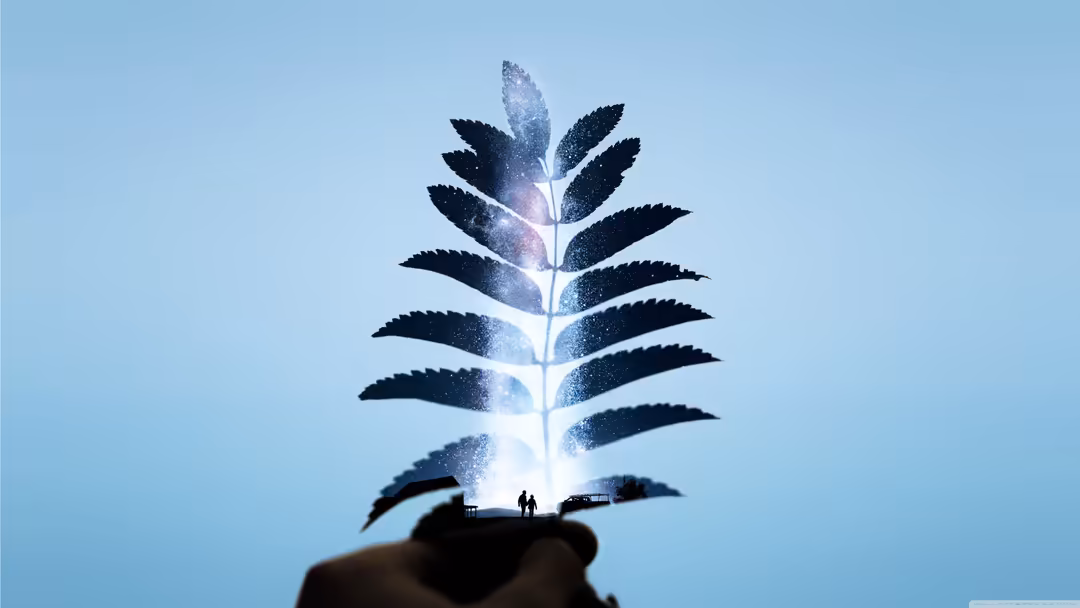 A luminous botanical leaf with dark feathered edges glowing against a bright blue sky, silhouetted figures standing beneath t