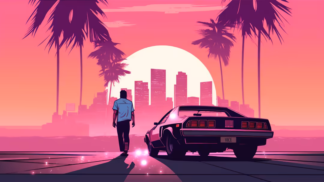 Cyberpunk-style illustration featuring a figure in blue shirt standing before a neon-lit retro car with glowing headlights, p