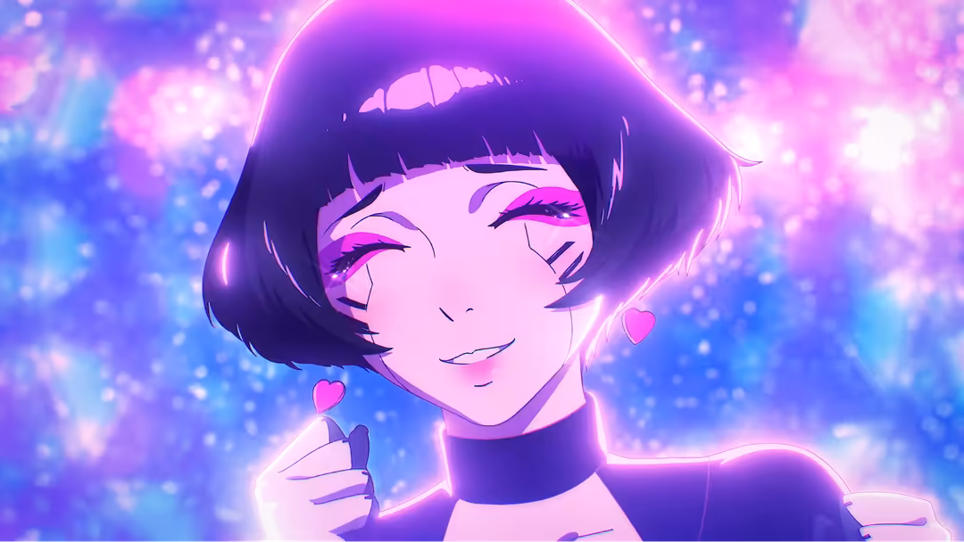 Anime girl with short black hair and closed eyes, glowing neon pink and purple halo effect, holding small pink hearts, lumino