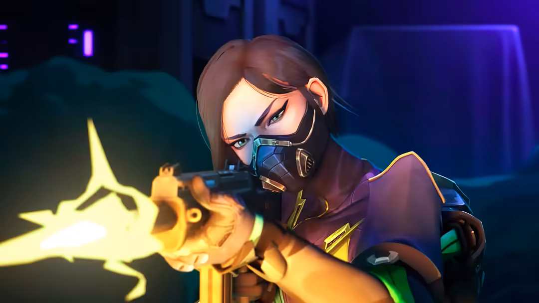 Viper from Valorant in cyberpunk style, wielding glowing weapon with neon effects and futuristic mask in dark environment