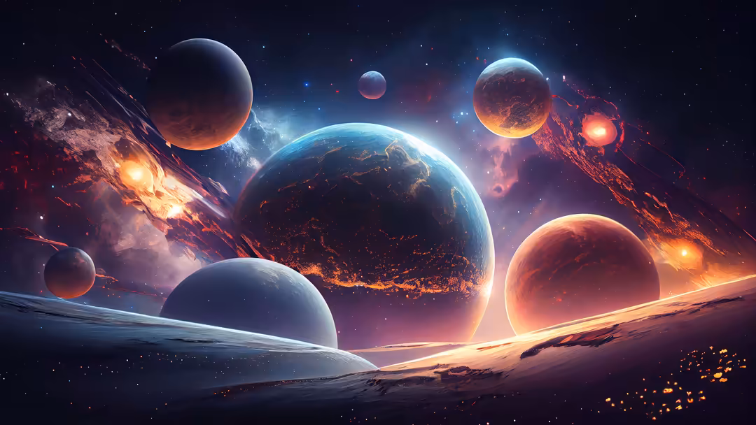 Multiple glowing planets orbiting in cosmic space with dramatic blue and orange lighting, volcanic surfaces, and starfield ba