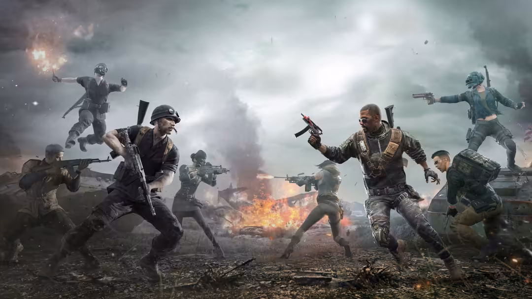 Intense battlefield scene with armed soldiers engaged in combat, explosions and fire, dramatic cloudy sky, tactical warfare a
