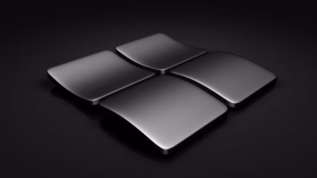 Minimalist 3D render of four metallic rounded square surfaces arranged on dark background with subtle shadows and reflections